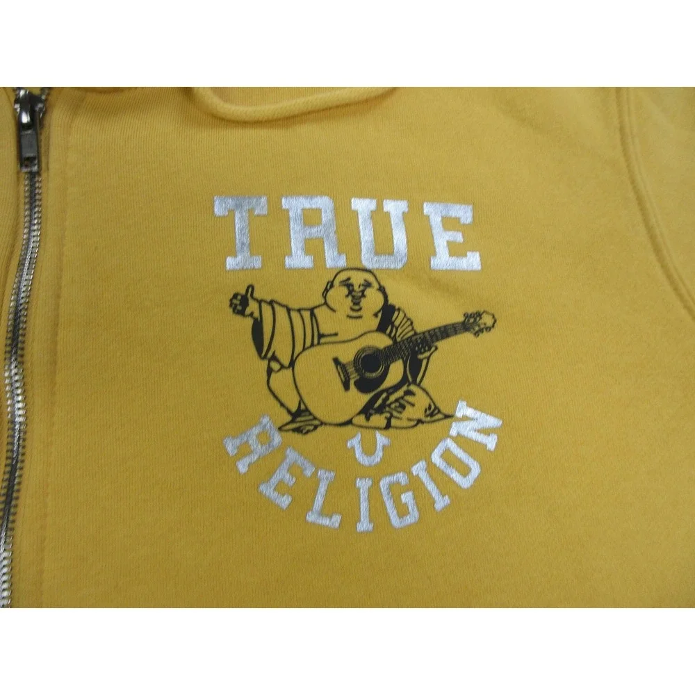True Religion Hoodie Mens 2XL Yellow Full Zip Fleece Sweatshirt Buddha Star